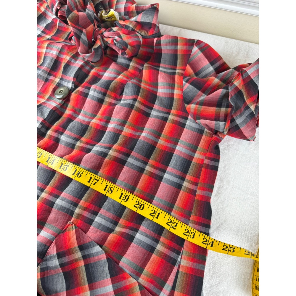 Vintage 1950s 60s Plaid Shirt Dress Bow Tie Neck Patch Pockets Mid Century - Picture 9 of 10